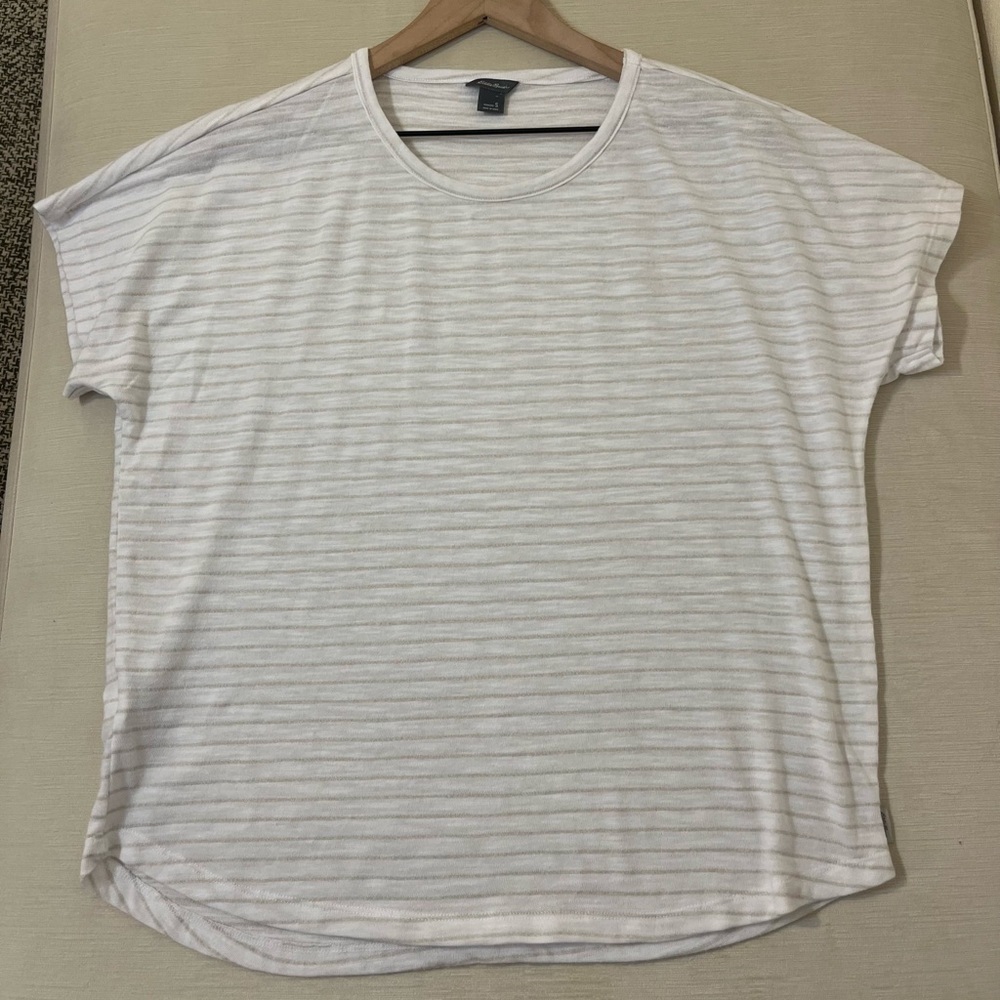Eddie Bauer White Stripe Sleeve Tee Coastal Chic Minimalist Relaxed Basic